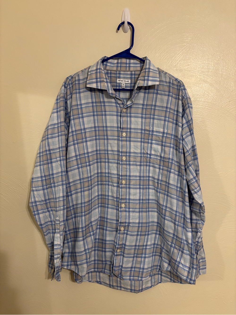 Peter Millar XL Blue Plaid Cotton Button Down Shirt Long Sleeve
